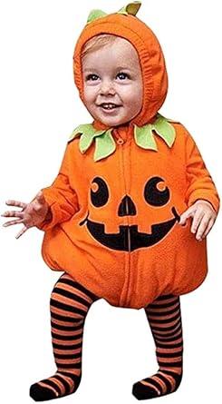 Baby Girl Boy Halloween Outfit Pumpkin Halloween Costumes Long Sleeve Pumpkin Hooded Bodysuit + Footed Pants Set Cosplay Clothes 0-6 Months