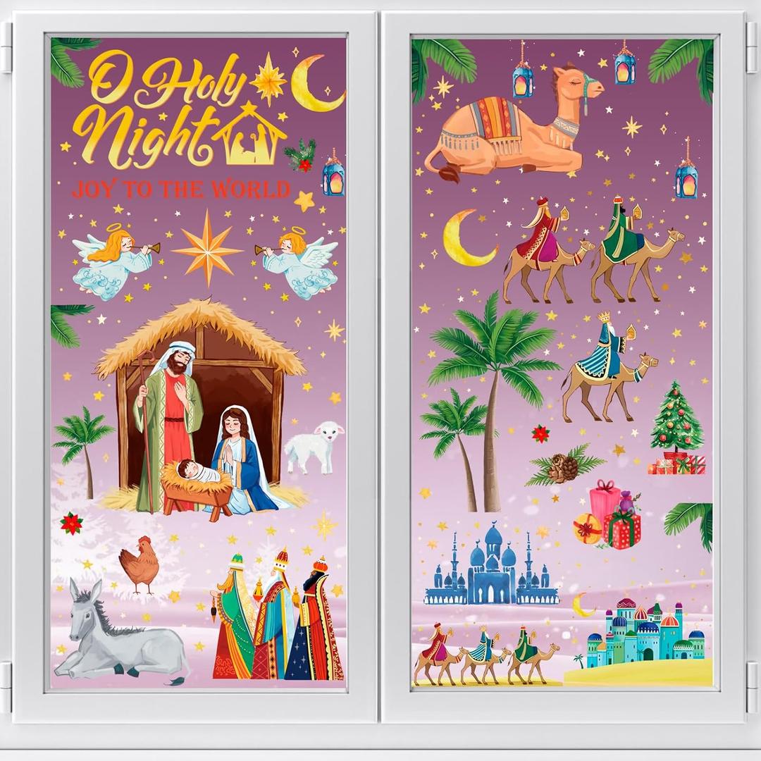 HOWAF Nativity Christmas Window Clings Stickers, 9 Sheet Religious Christmas Scene Holy Night Joy to The World Window Decals for Christmas Decor, Christian Jesus Static Glass Stickers Party Supplies