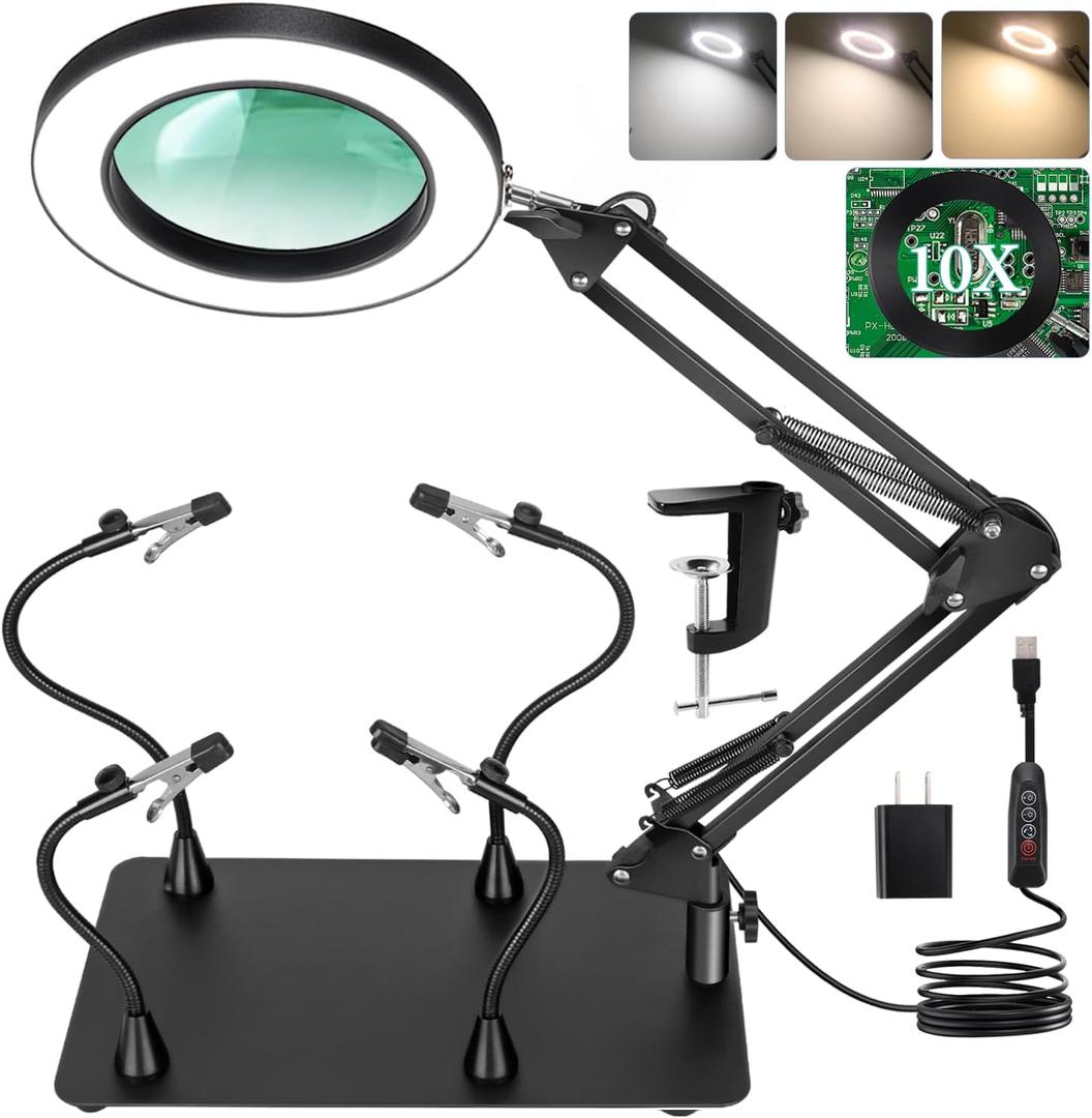 Helping Hands Soldering Station, 10X Magnifying Glass with Light and stand with 4 Magnetic Third Hand Soldering Tool, PCB Holder Magnifier Desk Lamp for Soldering Repairing Jewelry Crafts