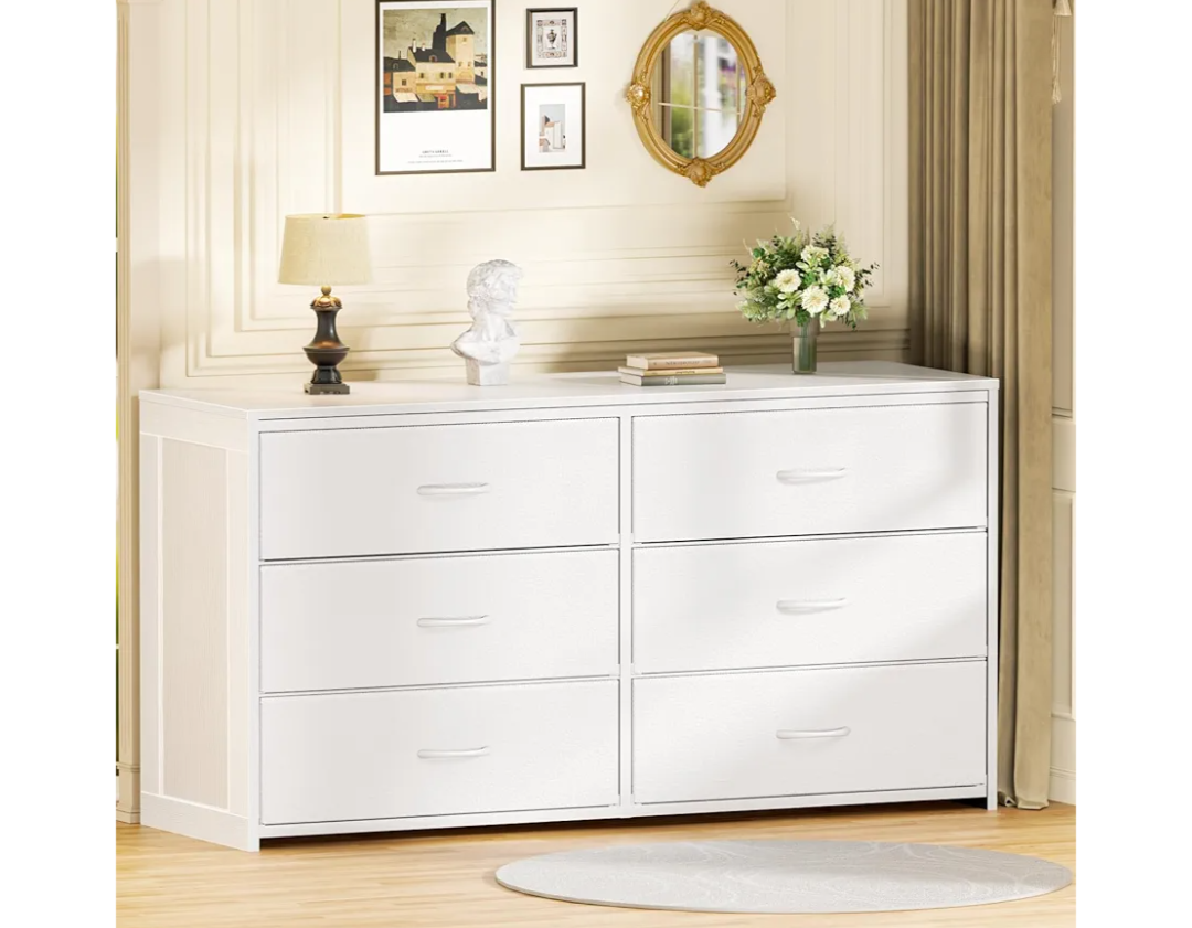 Dresser for Bedroom with 6 Drawers, 51 Inch White Dresser TV Stand for 40,45,50 Inch TV, Wood Top and Side, Fabric Drawers, Storage, Dressers for Closet, Living Room, Hallway, Entryway