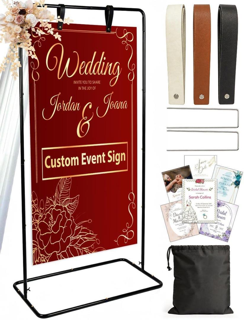OLEEK Adjustable wedding welcome sign stand - Customizable design bundle for linen sign stand - wedding sign holder - welcome wedding sign - wedding signage with 6 Leather Hanging straps