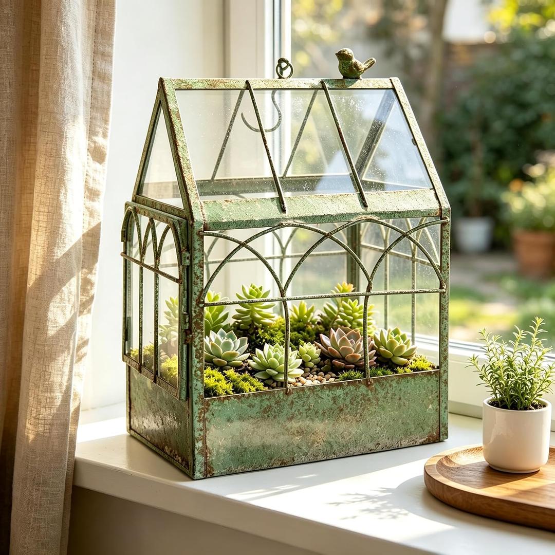 Large House Shape Glass Terrarium with Lid, Geometric Greenhouse - Style Planter for Ferns, Succulents, Air Plants, Handmade Indoor Tabletop Decor (Terrarium Only)