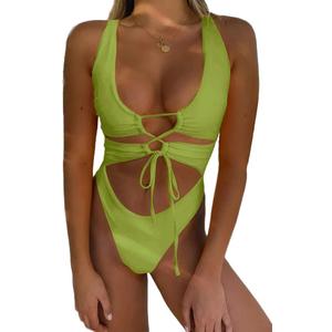 CHYRII Women's Sexy Cutout Lace Up Backless High Cut One Piece Swimsuit Monokini (Medium, Pickled Pepper)