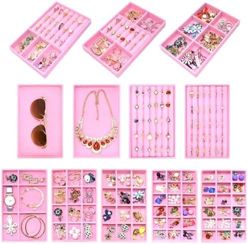 7Color Sky 12 Set Jewelry Tray Stackable Velvet Jewelry Organizer Trays for Drawers Inserts Earrings Necklace Rings Jewelry for Women