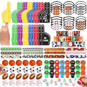 Aoriher 120 Pcs Sport Balls Party Favors Set Serve 24, Basketball Football Soccer Goodie Foam Finger Mini Stress Ball Slap Bracelet Charm Bracelet Stamp for Kids Party Supplies