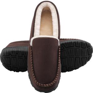 shoeslocker Mens Outdoor Slippers Moccasins for Men Warm Indoor Outdoor Brown Size 10