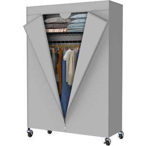 Heavy Duty Garment Rack, Free-Standing Rolling Clothes Rack with Fitted Grey Oxford Cover, Extra Large Wardrobe Storage Rack/Organizer