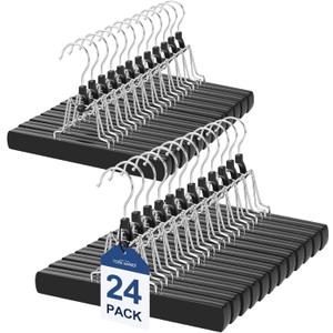 TOPIA HANGER 24 Pack Wooden Pants Hangers, Hair Extension Hangers Non Slip Skirt Hanger Wood Clamp with Velvet Padded 360 Swivel Hook for Jeans, Skirts, Trousers, Wigs Black CT68B
