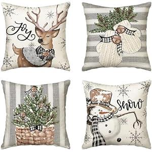 Christmas Outdoor Pillow Covers, 18 x 18 inch Set of 4 Waterproof Throw Pillow Cases, New Year Cushion Decor for Home Outside Patio Front Porch House Farmhouse 2024(Style A)