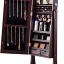 VEVOR Jewelry Cabinet Armoire, 62-Inch Tall Lockable Jewelry Organizer with Full-Length Mirror, LED Light, Velvet Lining, Drawer, Freestanding, Brown