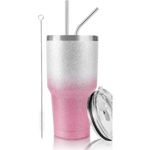DS 30 oz Tumbler Pink Glitter Gradient Cup Stainless Steel Double Wall Vacuum Insulated Mug with Straw and Lid, Cleaning Brush for Cold and Hot Beverages