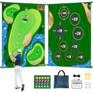 Golf Chipping Game Mat, Double Sided Golf Hitting Mat,6x5 FT Golf Practice Mat Outdoor Indoor Golf Games for Adults,Score Sticky Playing Golf Balls for Home Backyard Garage Game(No Club)