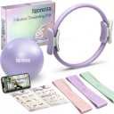 Pilates Ring Set: 14-Inch Magic Circle with Dual Padded Handles, Pilates Mini Ball, and Resistance Bands (15, 25, 35 lbs) for Strength, Flexibility, Stability, and Body Toning, 8-10