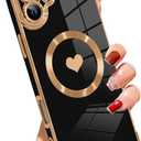 SAKUULO Case for iPhone 16 Cute Plating Case[Compatible with Magsafe] for Women Girls Electroplated Heart Soft TPU Shockproof Camera Protection Bumper Cover for iPhone 16 6.1",Black