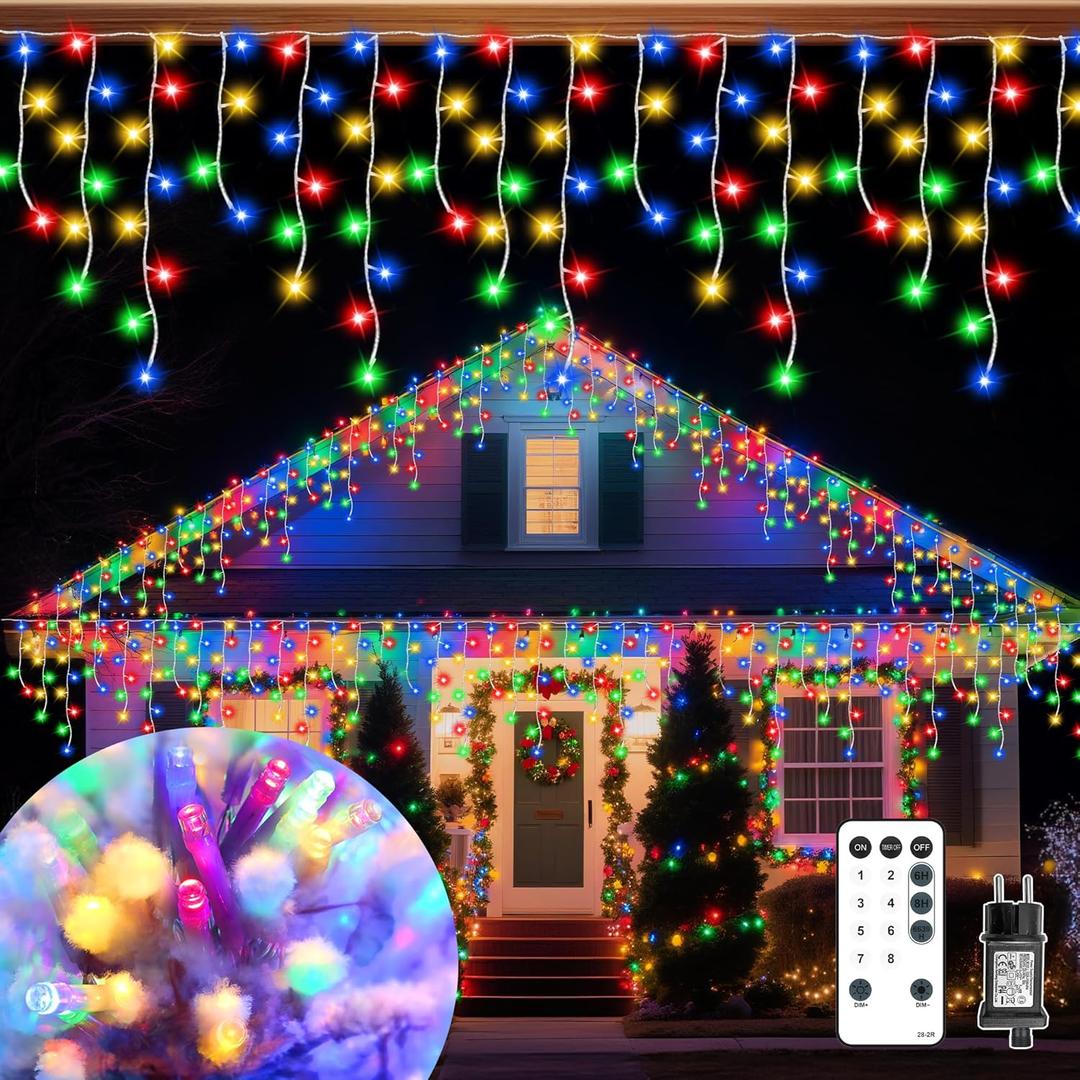 Christmas Ice Lights Outdoor, Multicolor 33FT 306 LED 8 Modes Plug in Xmas Tree Decorations Twinkle Fairy Light String with Remote Timer Memory for Roofline Yard Party Wedding Camping Decor