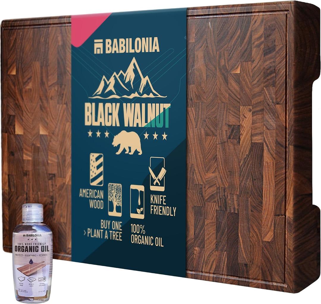 XXL American Black Walnut Cutting Board 24 x 15 Inch (ExtraThick 1.7"), Hardwood Butcher Block, Charcuterie, Heavy Duty End Grain Wood Chopping Board with Juice Groove & Handles (Oil & Plate included)