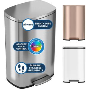  iTouchless 13.2 Gallon Step Trash Can with Lid and Odor Control Filter, Stainless Steel Kitchen Garbage Bin with AirNova Silent Lid, 50 Liter, Fingerprint-Proof, Silver