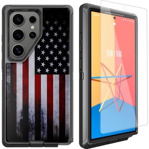 Compatible for Samsung Galaxy S24 Ultra 5G Case Old American USA Flag Design Case with Screen Protector [Military Grade Protection] Heavy Duty Shockproof Case 6.8inch