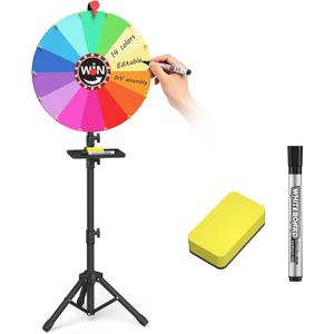 24 inch Prize Wheel, 14 Color Slots, Adjustable 47"-80" Height Spinning Wheel for Prizes with Marker & Eraser, Large Spin the Wheel Game with Stand, Suitable for Party, Carnivals & Tradeshow