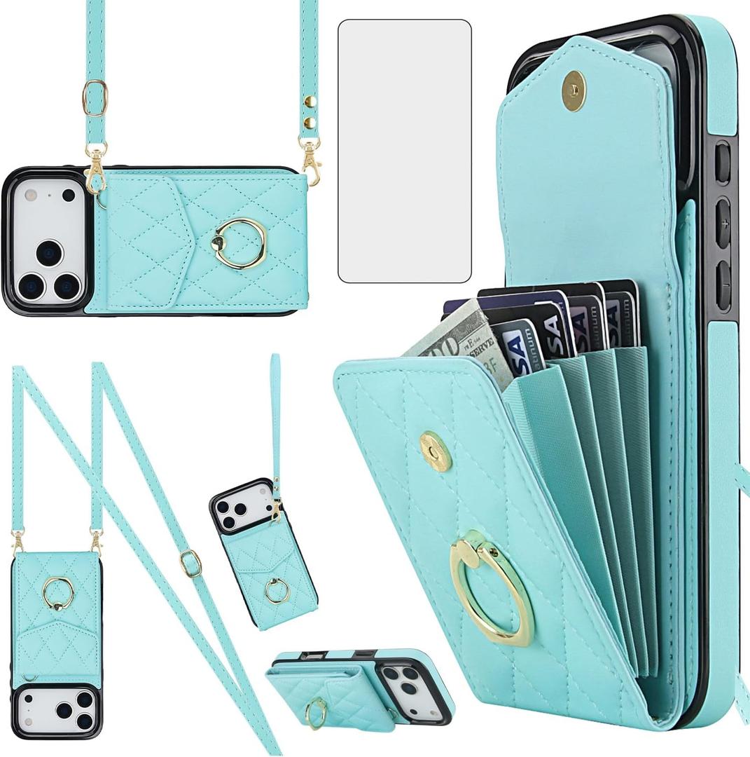 Asuwish Phone Case for iPhone 17 Pro 6.3 inch Wallet Cell Cover with Tempered Glass Screen Protector Crossbody Wrist Strap Ring Stand RFID Blocking Card Holder i Phone17 i17 17Pro Women Men Girls Teal