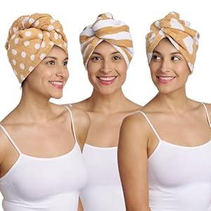 Turbie Twist 100% Cotton Hair Towel Wrap - for Women, Men & Kids - Travel & Bathroom Essential - Quick Dry Hair Turban for Curly, Long & Thick Hair - 1 Polka Dot, 1 Stripe & 1 Heart Pattern - Tan