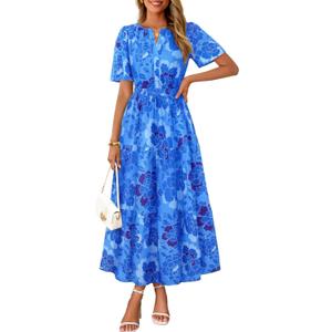 MEROKEETY Women's Spring Summer Floral Maxi Dresses 2026 Casual Beach Vacation Boho V Neck Short Sleeve Midi Dress Pockets, Blue, Large