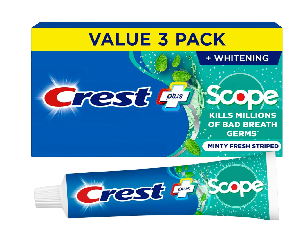 Crest + Scope Whitening Toothpaste - Pack of 3, 5.4 Oz Tubes - Anticavity Fluoride Toothpaste, Fresh Breath, Kills Germs - Tartar Protection, Enamel Protection - Minty Fresh Flavor
