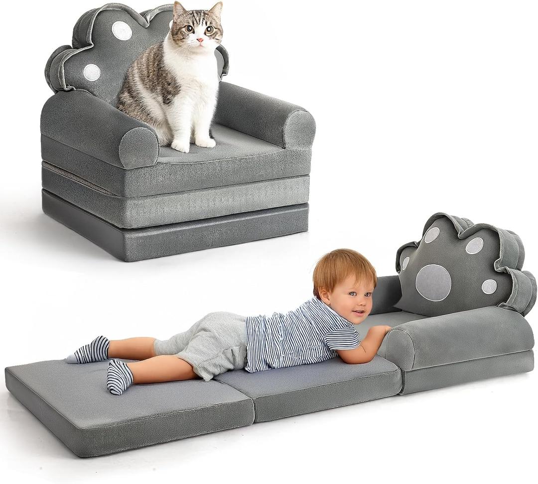 Kids Sofa Comfy, Adorable Animal Toddler Chair, Foldable Kids Couch with Removable Washable Cover, Soft & Breathable Fabric, No Assembly Needed, Foldable Baby Sofa(Grey Cat Paw)