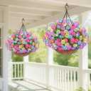 Elyum 2 Pack Artificial Hanging Flowers for Outdoors, Fake Flowers Artificial Petunias Hanging Baskets for Outdoors, UV Resistant Fake Hanging Plants Flowers for Outside Garden Patio Porch Decor
