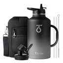 Trebo Half Gallon Water Bottle Insulated with Handle, 64 oz Double Wall Stainless Steel Metal Large Jug, Travel Flask with Straw Spout Lid, Mug Tumbler with Carry Pouch, Keep Cold Hot, Dark Gray