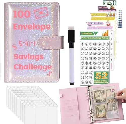 100 Envelope Challenge Binder $5050,52 Weeks Budget Binder Savings Challenge Book $10000,30 Days $500,Savings Challenges Budget Planner Binder,Cash Stuffing Envelopes Binder (2024 5-in-1 Silver), 2 Pack