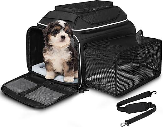 Petskd Top and Side Expandable Pet Carrier 18x11x11 Inches Delta United Airline Approved, SoftSided Carrier for Small Cats and Dogs with Locking Safety Zippers and AntiScratch Mesh(Black)