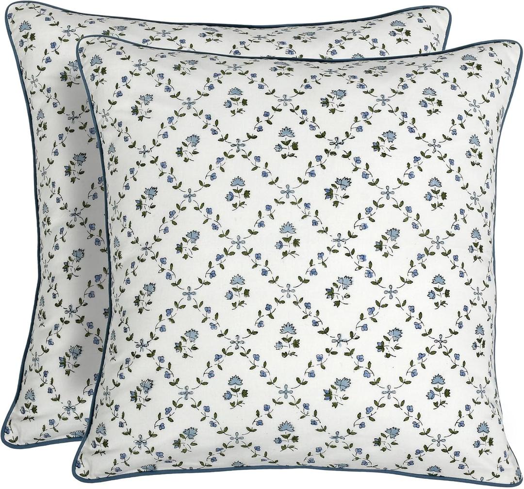 Ridhi Powder Blue Block Print Preppy Grandmillennial Pillow Cover Set of 2-24" x 24" Throw Pillow for Home White Floral Pillow Cover Grandmillennial Home Decor Thanksgiving