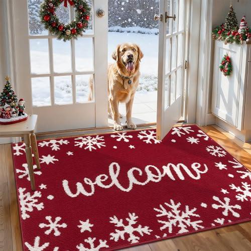 SHACOS Welcome Snowflake Christmas Door Mat 32”x48” Washable Non-Slip Rubber Backing Winter Holiday Xmas Doormats for Front Door, Dirt Resistant Low-Profile Floor Mat for Entryway Entrance, 2'8" x 4'