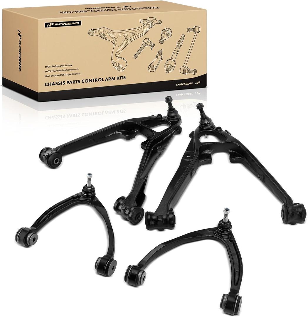 A-Premium Set of 4, Front Upper & Lower Control Arm Kit, with Ball Joint & Bushing, Compatible with Chevy & GMC & Cadillac - 2007-2016 - Silverado Tahoe Suburban Avalanche Sierra Yukon Escalade (ESV)