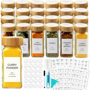 AISIPRIN Glass Spice Jars with 398 Labels, 24 pcs 4oz Spice Containers with Bamboo Lids, Square Spice Bottles With Shaker Lids,Spice Organization for Cabinet,Drawer,Rack, Seasoning Organizer