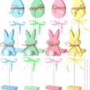 Easter Decorations, 8 PCS Wooden Bunny & Egg Peeps Signs with Hemp Rope Ribbon for Mantel Table Shelf Tiered Tray, Easter/Spring Decorations for Home