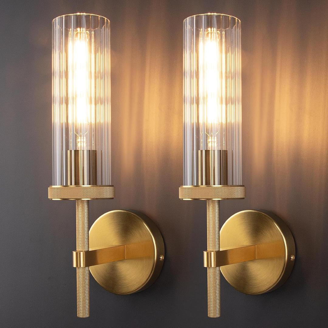 15" Knurled Gold Wall Sconces Set of 2, Bathroom Vanity Light Fixtures with Vertical Striped Glass Tube, Modern Lamp Lighting for Bedroom, Living Room, Hallway, Staircase, Mirror, Kitchen