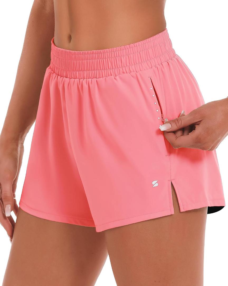 Stelle Women's 3.5" High Waisted Running Shorts Quick-Dry Gym Shorts Workout Athletic Shorts Mesh Liner with Zipper Pockets (Pink, XL)