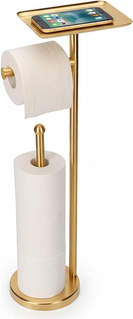 Gold Toilet Paper Holder with Shelf, Freestanding Tissue Holder Stand with Storage Space for Extra 4 Toilet Paper Rolls (Stainless Steel Base, Gold)