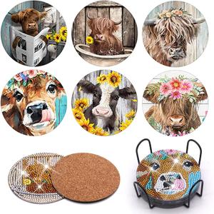 6PCS Diamond Painting Coaster with Holder, Farmhouse Cow Diamond Painting Art Coasters Kit, Highland Cattle DIY Drink Coaster with Cork Base Diamond Art Painting Coasters Kit for Adults Kids Beginners (Brown)