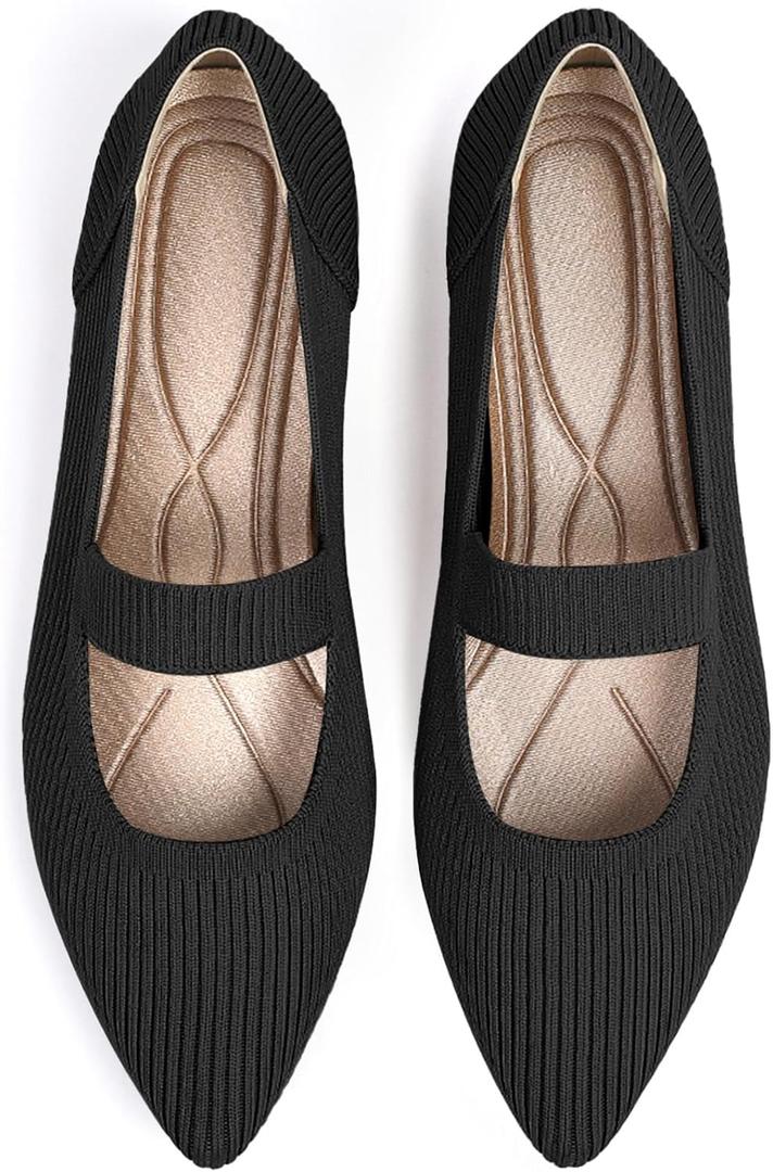 TINGRISE Women's Flats Shoes Pointed Toe Knit Washable Ballet Comfortable Dressy Mary Jane Flat (9, Black)
