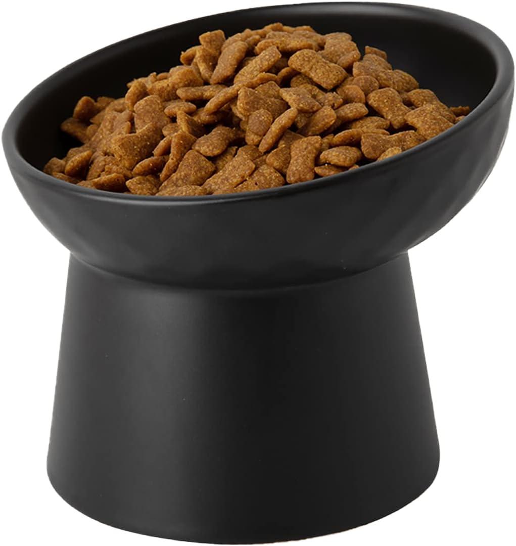 KITCHENLESTAR Small Ceramic Raised Cat Bowls, Tilted Elevated Food or Water Bowls, Stress Free, Backflow Prevention, Dishwasher and Microwave Safe, Lead & Cadmium Free(Black)