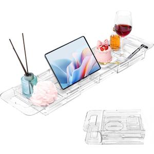 Expandable Clear Acrylic Bathtub Tray Caddy, Foldable Tub Bath Tray with Drain Slots, Slip-Resistant Waterproof Bathroom Shelf Caddy & Home Spa Gift for Women
