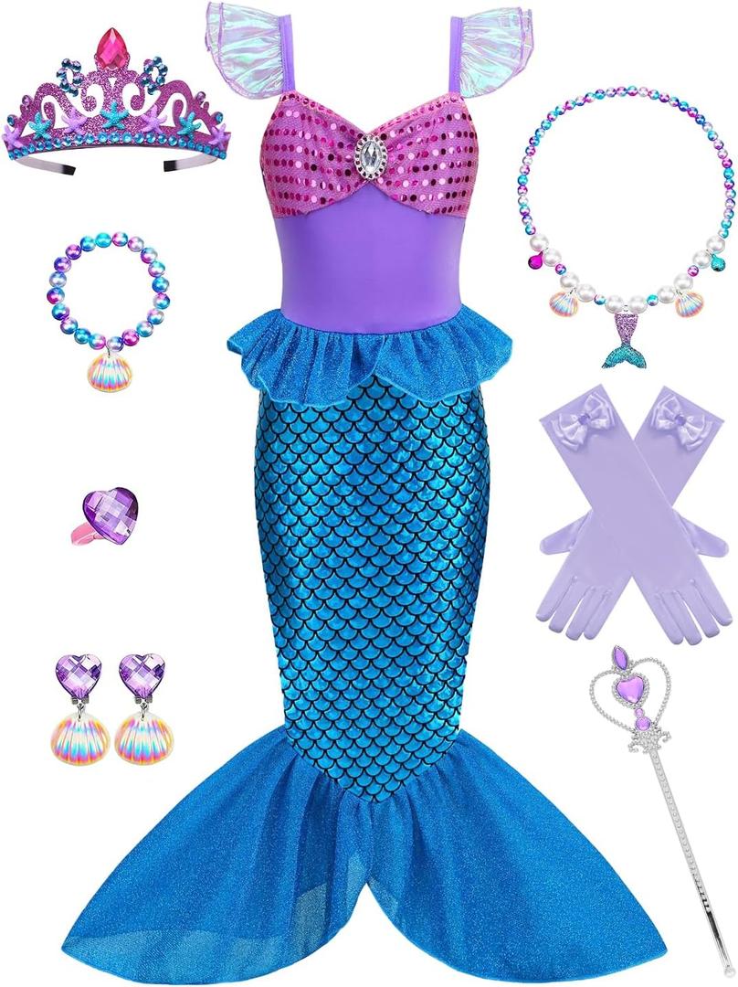 Little Girls Mermaid Costume Princess Dress Up for Birthday Halloween Party Cosplay (8-9Y)