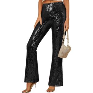 GRAPENT Sequin Pants for Women Flare High Waisted Pull On Elastic Waist Party Club Night Out Dance Stretch Sparkly Pants (X-Large, Black)
