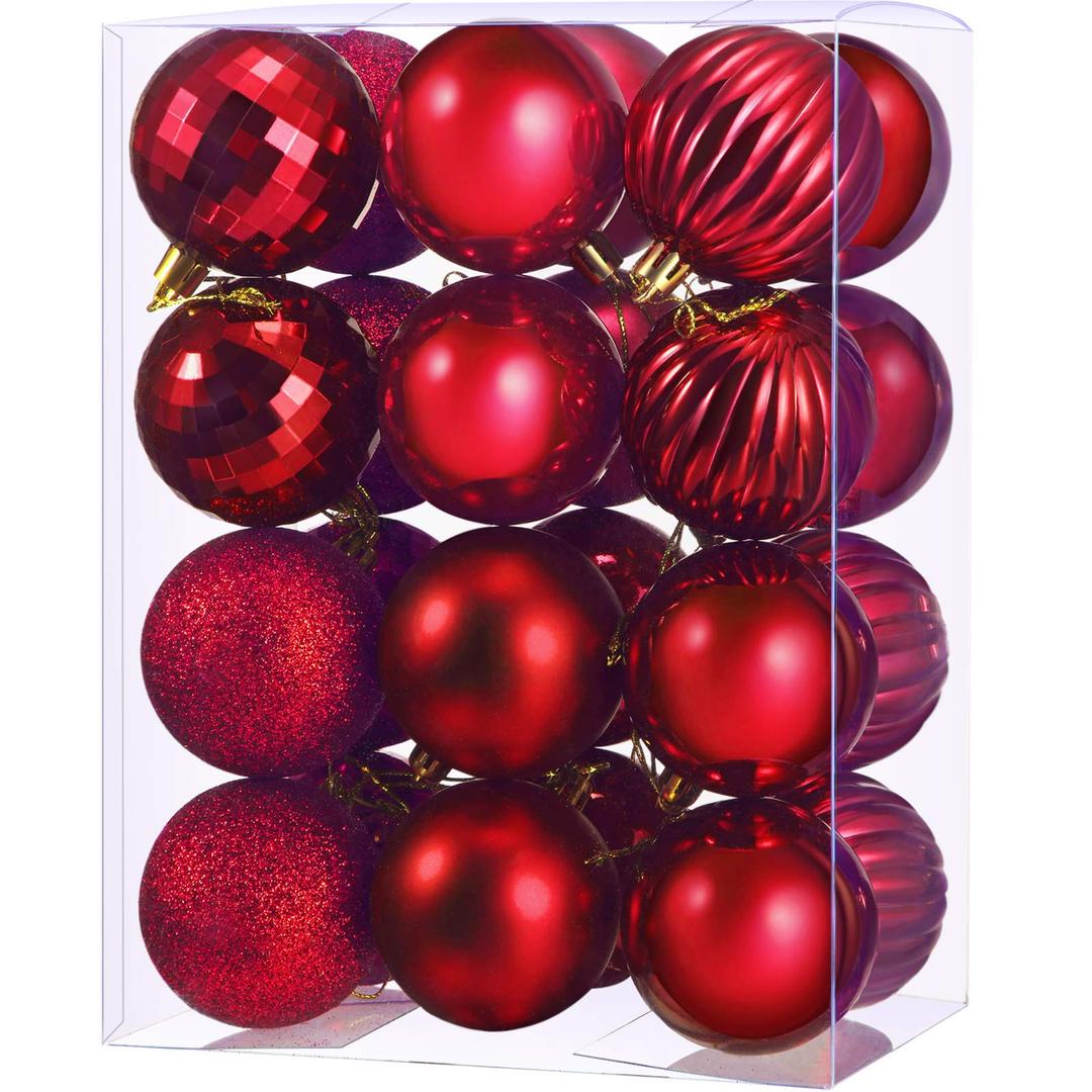 Hicarer 24 Pieces Christmas Ball Ornaments Shatterproof Christmas Decorations Tree Balls for Tree Ornaments Holiday Wedding Party Decoration Hooks 2.36 Inch, 6 Styles (Red)