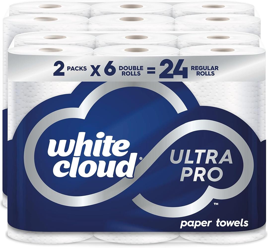 White Cloud Ultra PRO Ultra Absorbent Paper Towel, Choose-a-Size Sheets, 2 Packs of 6 DOUBLE Rolls = 24 Regular Rolls