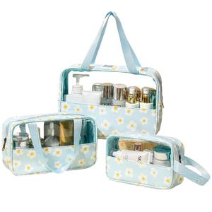 Pack Of 2 Travel Toiletry Bag, 3 Piece Waterproof Makeup Bag Set, Floral Pattern Cosmetic Organizer Bag with Handle, Spacious Makeup Bag with Clear Window (Light Blue, Floral)