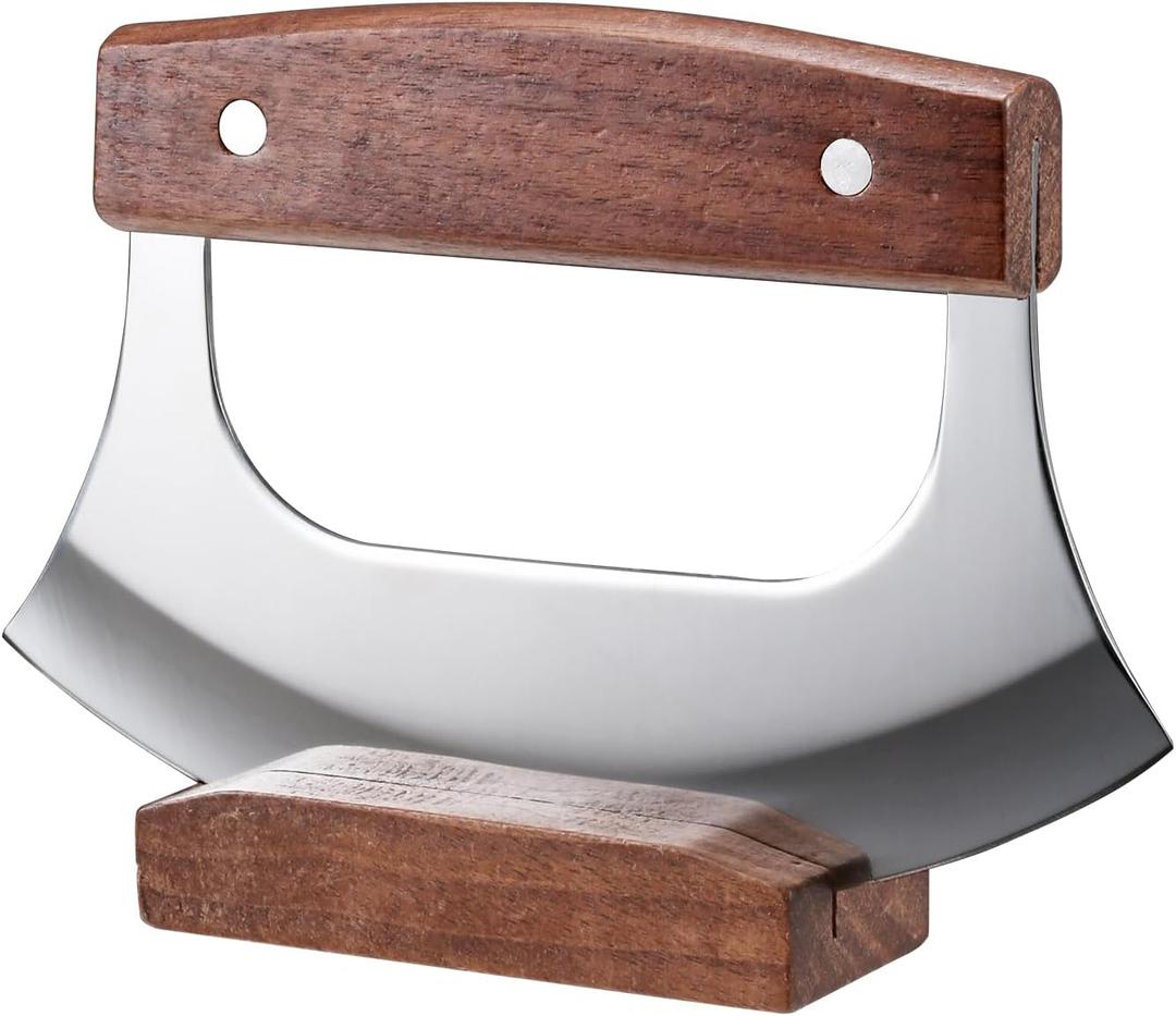 Ulu Knife - Sharp Rocker Mezzaluna Knife with Stand for Cutter Pizza, Meat, Vegetables, Herb, Salad, Stainless Steel Blade, Walnut Wood Handle, Kitchen Essentials Accessories and Gadgets Tools (Brown)